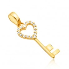 Prívesok v žltom 14K zlate - lesklý kľúčik, súmerný obrys srdca, kamienky 