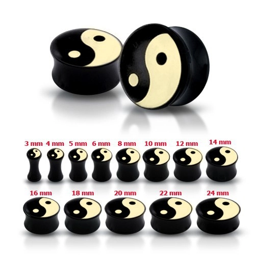 Lesklý čierny plug do ucha so symbolom Jin a Jang - Hrúbka: 3 mm