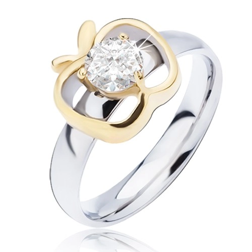 Oceľový prsteň striebornej farby, obrys jablka zlatej farby s okrúhlym čírym zirkónom - Veľkosť: 50 mm