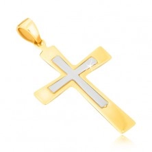 Prívesok zo zlata 14K - dvojfarebný kríž s mierne sa rozširujúcimi ramenami