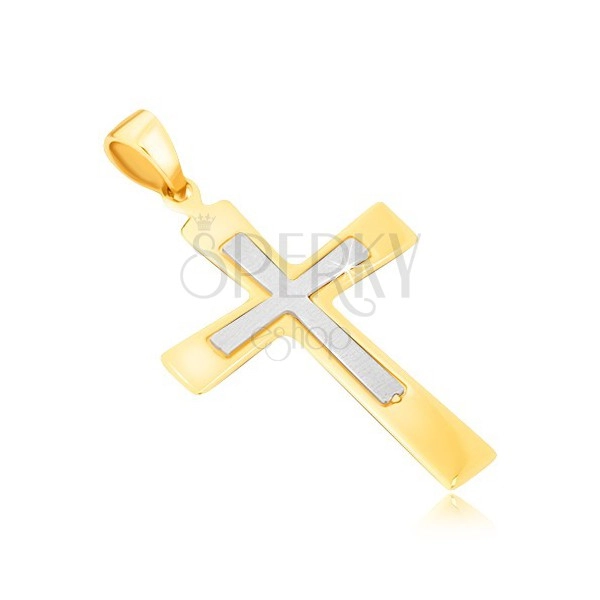 Zlatý prívesok 585 - lesklý dvojfarebný kríž s rozširujúcimi sa ramenami