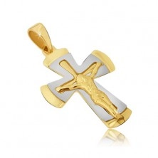 Dvojfarebný prívesok zo zlata 14K - kríž s ukrižovaným Kristom
