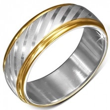 Oceľový prsteň s okrajmi zlatej farby a saténovými diagonálnymi pásmi