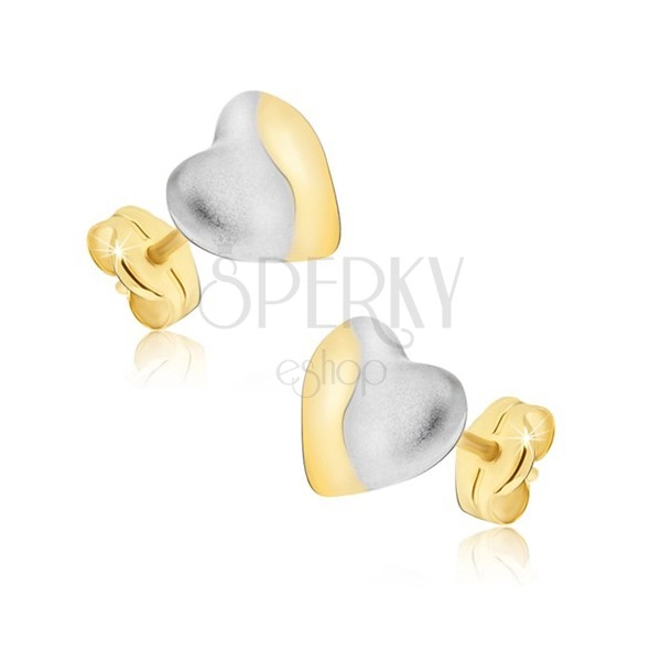 Zlaté náušnice 585 - dvojfarebné symetrické srdcia, puzetky