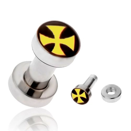 Tunel plug do ucha z chirurgickej ocele, žltý maltézsky kríž, rôzne veľkosti - Hrúbka piercingu: 3 mm