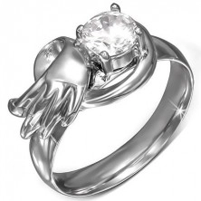 Oceľový prsteň s okrúhlym čírym zirkónom, anjelské krídlo