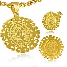 Zlatá sada z ocele - okrúhle náušnice a prívesok s Pannou Máriou