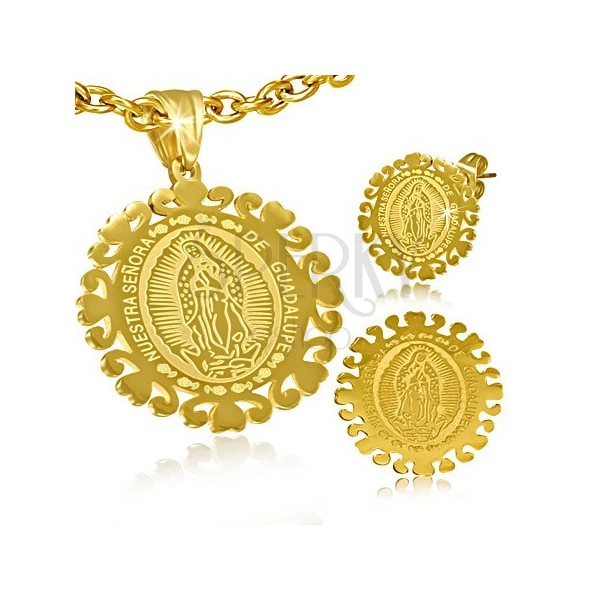 Zlatá sada z ocele - okrúhle náušnice a prívesok s Pannou Máriou