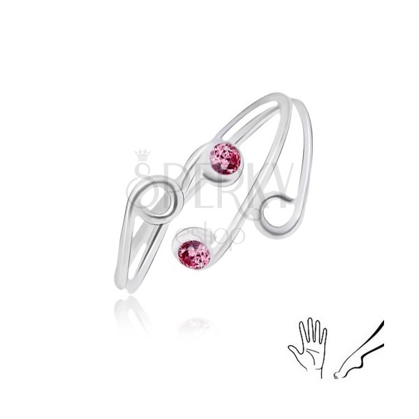 Strieborný prsteň 925 na ruku alebo nohu, rozvetvené ramená s ružovými zirkónmi