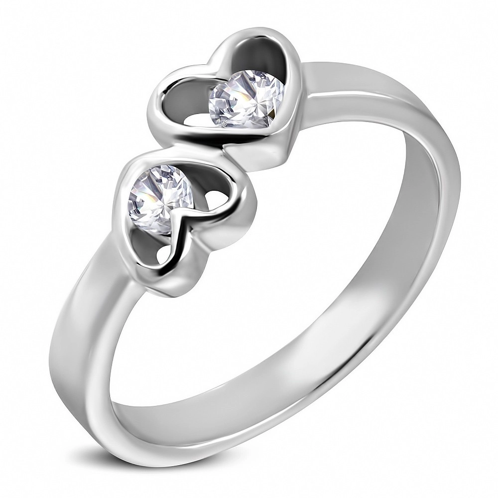 Oceľový prsteň striebornej farby, dve srdcia s čírymi zirkónmi - Veľkosť: 51 mm