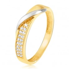 Zlatý prsteň 585 - pás drobných čírych zirkónov, zvlnená línia v bielom zlate