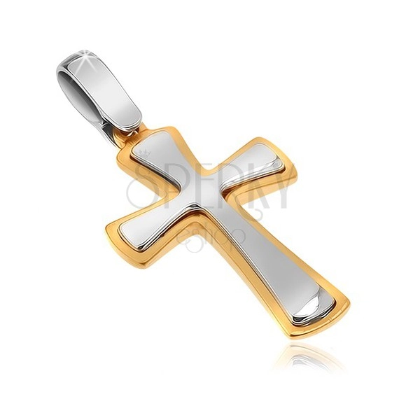 Dvojfarebný prívesok zo zlata 14K - lesklo-matný kríž, rozširujúce sa ramená 