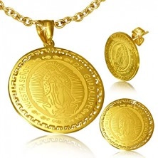 Zlatý set z ocele - náušnice a prívesok s motívom nanebovzatia Panny Márie