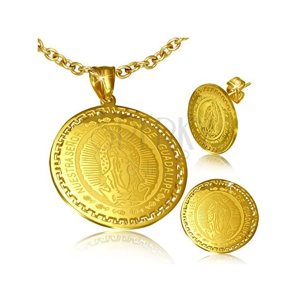 Zlatý set z ocele - náušnice a prívesok s motívom nanebovzatia Panny Márie