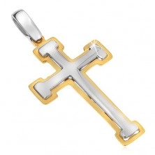 Prívesok zo zlata 14K - dvojfarebný barličkový kríž, lesklo-matný