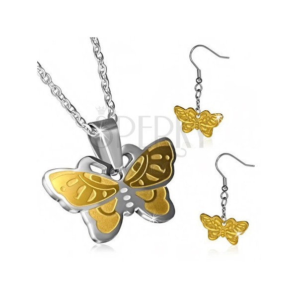 Dvojfarebný oceľový set - motýlie náušnice a retiazka s príveskom