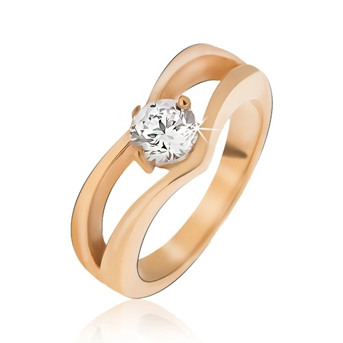 Oceľový prsteň zlatej farby, zdvojený špic, okrúhly číry kamienok - Veľkosť: 54 mm