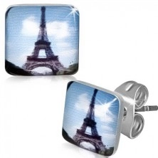 Štvorcové oceľové náušnice s Eiffelovou vežou