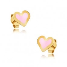 Zlaté náušnice 375 - ploché symetrické srdcia, lesklý ružový email