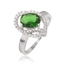 Strieborný prsteň 925, oválny zelený kamienok, zirkónové oblúky