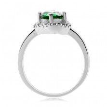 Strieborný prsteň 925, oválny zelený kamienok, zirkónové oblúky