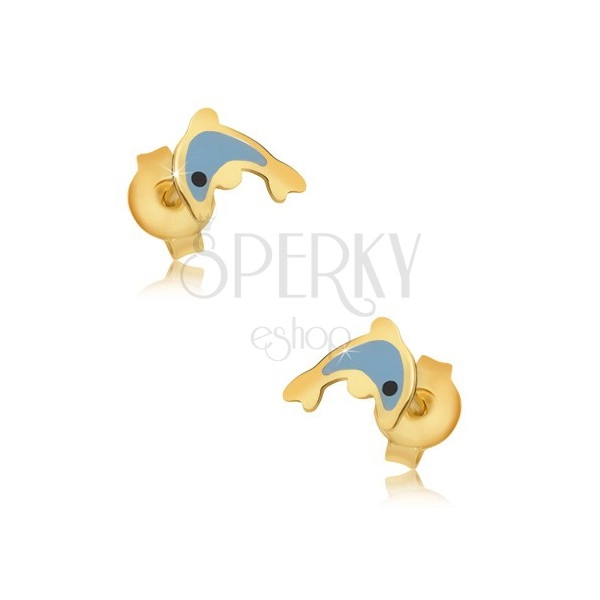 Zlaté náušnice 375 - glazúrovaný modrý delfín, lesklý hladký povrch