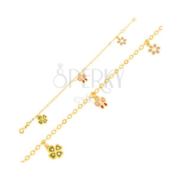 Zlatý náramok 375 - glazúrovaný štvorlístok, motýľ, kvietok, lesklá retiazka