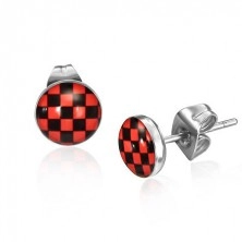 Oceľové náušnice, červeno-čierny šachovnicový vzor