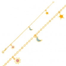 Zlatý náramok 375 - retiazka, emailový bielo-ružový kvietok, mesiac, hviezda 
