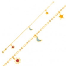 Náramok zo žltého 9K zlata - bielo-červený kvietok, mesiac, hviezda, retiazka