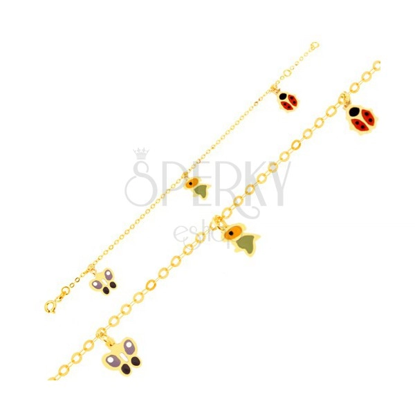 Zlatý náramok 375 - ligotavá retiazka, emailový motýľ, vtáčik a lienka