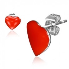 Puzetové náušnice z ocele, červené symetrické srdcia