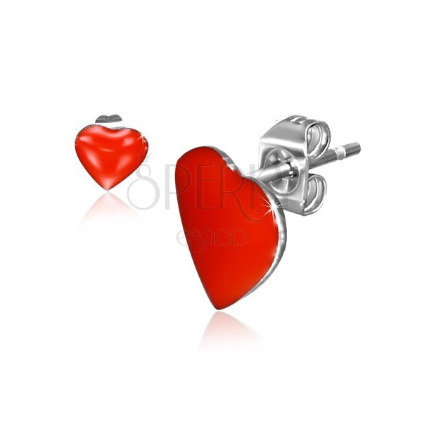Puzetové náušnice z ocele, červené symetrické srdcia