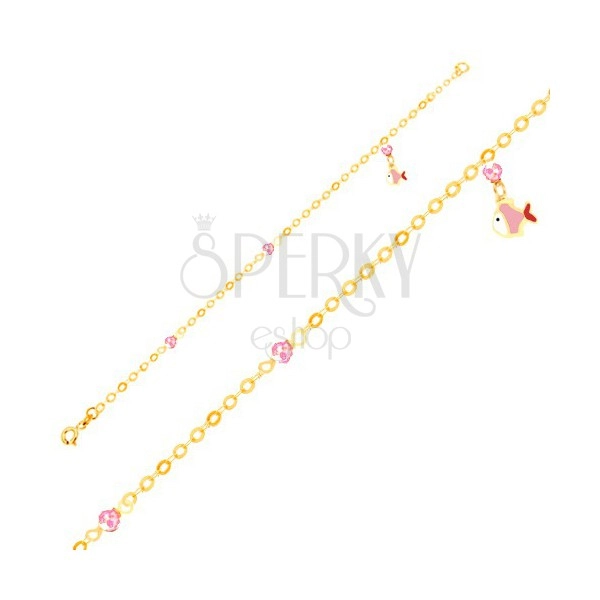 Náramok v žltom 9K zlate - glazúrovaná rybička, ružové guľôčky, lesklá retiazka