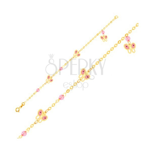 Zlatý 9K náramok na ruku - ružovo-biele motýle a sklenené guličky, retiazka 