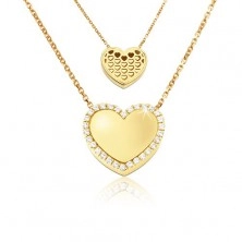 Zlatý náhrdelník 585 - zrkadlovolesklé súmerné srdce, výrezy srdiečok, zirkóny