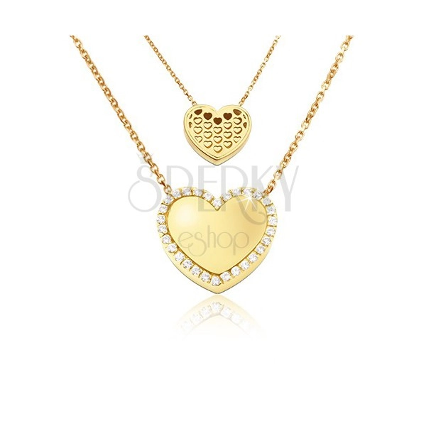 Zlatý náhrdelník 585 - zrkadlovolesklé súmerné srdce, výrezy srdiečok, zirkóny
