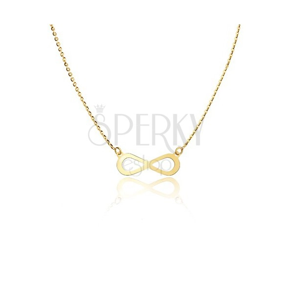 Zlatý 14K náhrdelník - lesklý plochý symbol nekonečna, ligotavá retiazka 