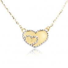 Zlatý náhrdelník 585 - zrkadlovolesklé súmerné srdce, ozdobné gravírovanie