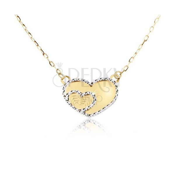 Zlatý náhrdelník 585 - zrkadlovolesklé súmerné srdce, ozdobné gravírovanie