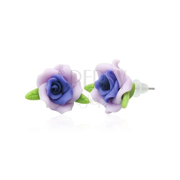 Náušnice z FIMO hmoty - fialový kvet ruže, lístky