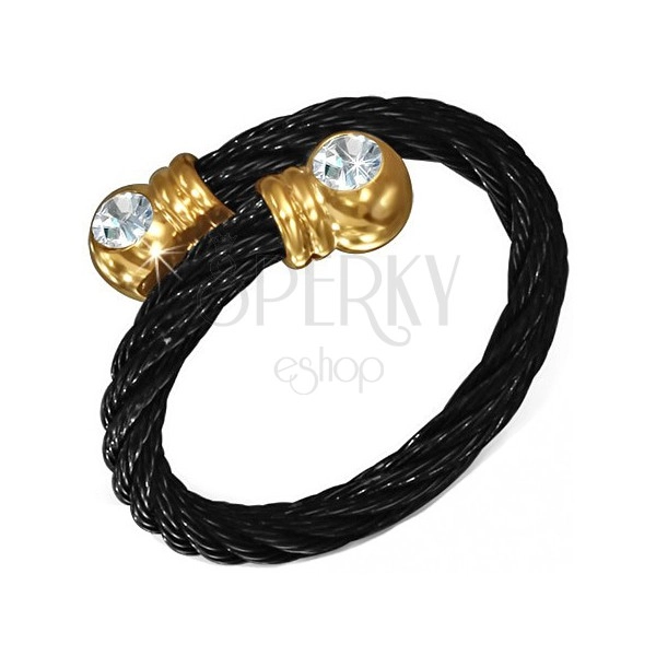 Prsteň z ocele, čierne zatočené lano, guličky zlatej farby s kamienkom