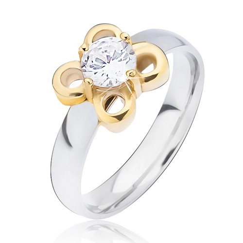 Oceľový prsteň striebornej farby, kvietok zlatej farby s čírym zirkónom - Veľkosť: 58 mm