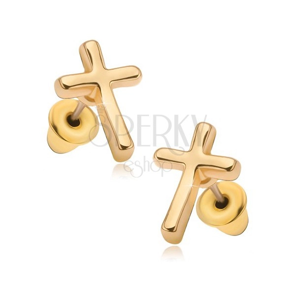 Náušnice s lesklým povrchom v zlatej farbe, latinský kríž