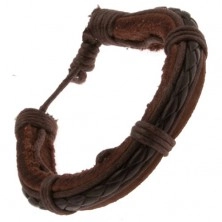 Kožený náramok čokoládovohnedej farby, pletený pás a šnúrky