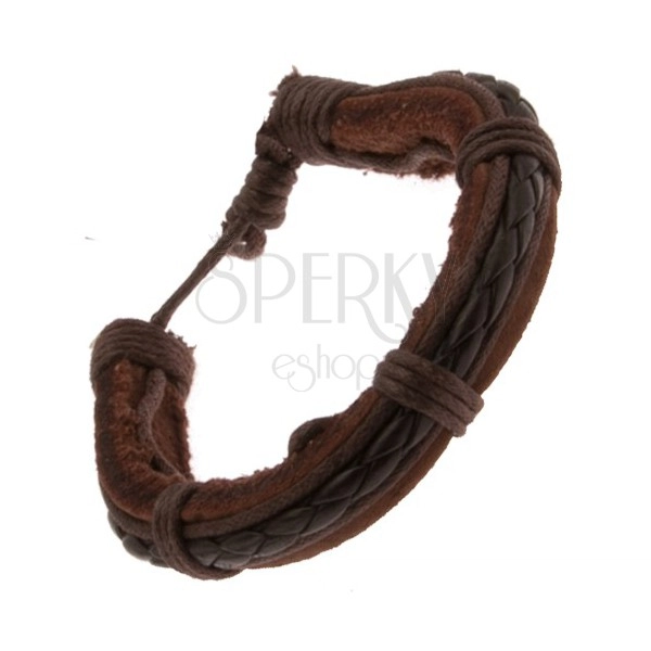 Kožený náramok čokoládovohnedej farby, pletený pás a šnúrky