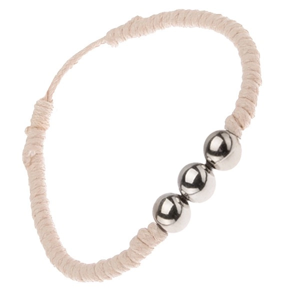 E-shop Šperky Eshop - Béžový šnúrkový náramok s tromi guličkami striebornej farby S14.15