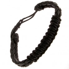 Čierny kožený náramok, dva pletence, zapletaný šnúrkový pás