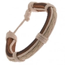 Náramok - svetlohnedý kožený pás, krémovobiely pletenec a šnúrky