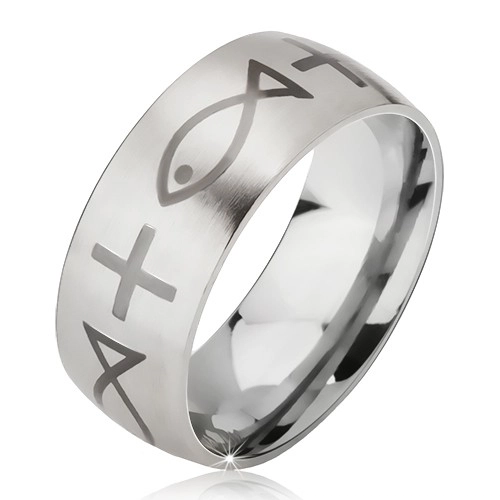 Matný oceľový prsteň - obrúčka striebornej farby, potlač kríža a ryby - Veľkosť: 62 mm
